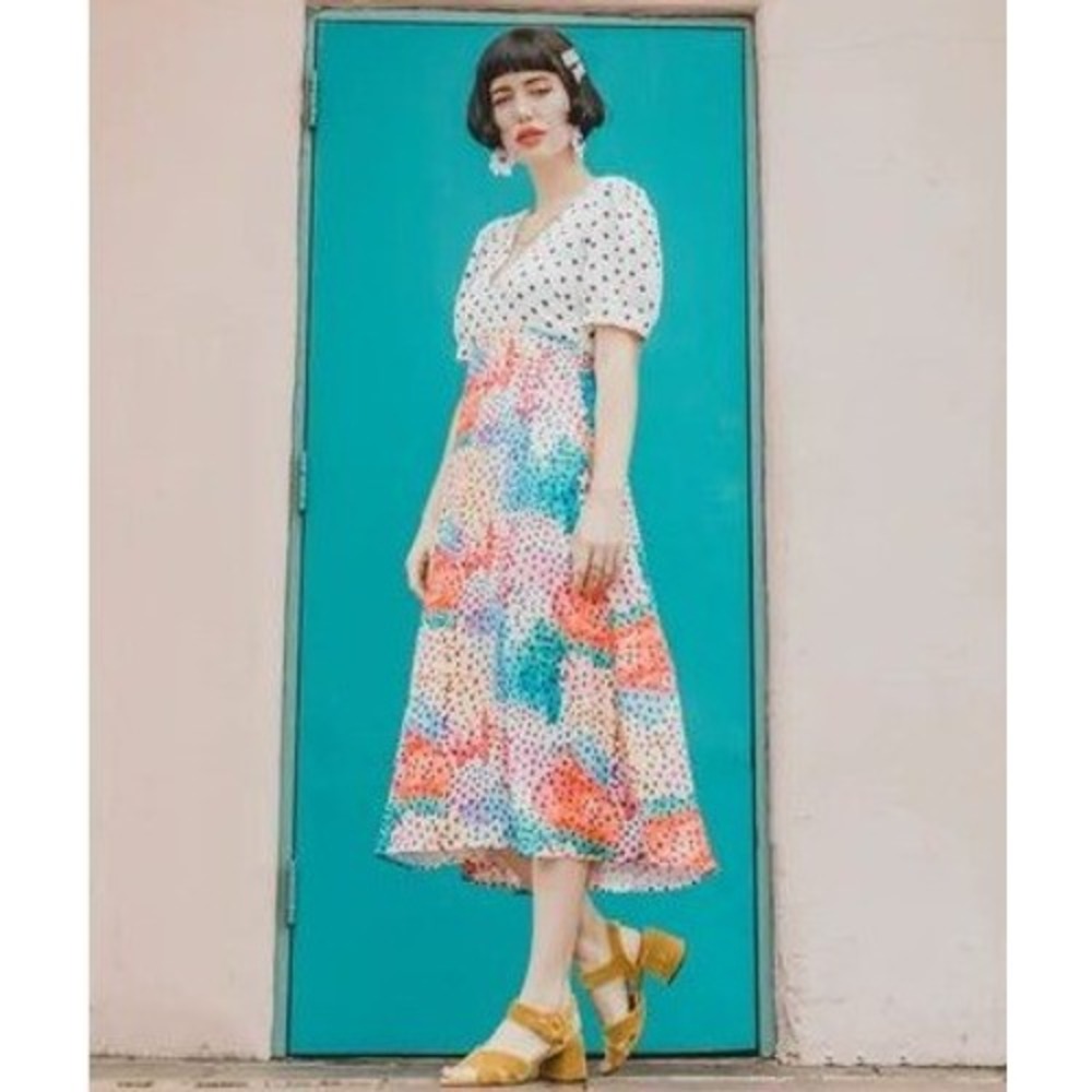 Traffic People Mia Polka Dot Midi Dress M Mixed Print Puff Sleeve Twee Whimsical